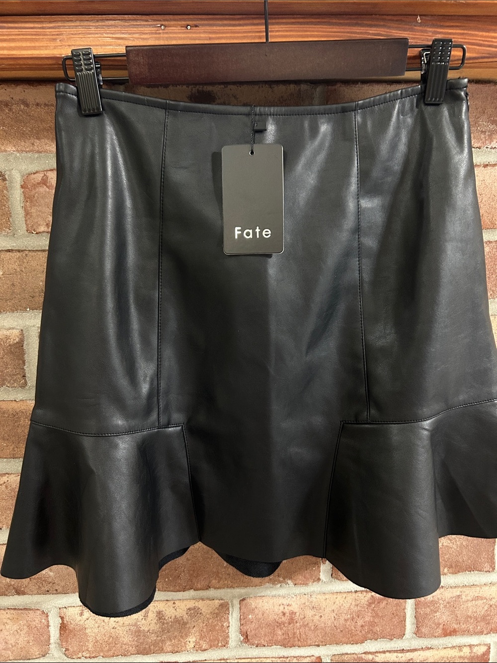 Fate Black Faux Leather A-Line Skirt with Flounce Hem